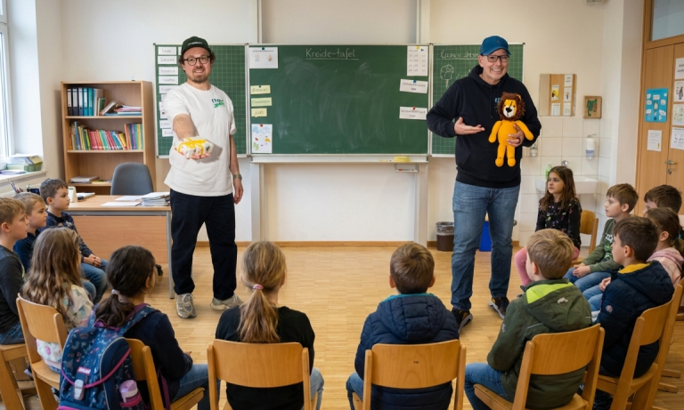 Zwei Männer stehen vor einer Klasse und präsentieren etwas, während Kinder ihnen zuhören.